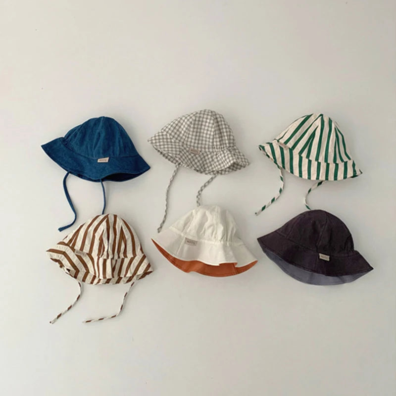Double Sided Baby Bucket Hat Solid Color Striped Plaid Fisherman Cap for Infant Panama Bonnet Summer Kids Sun Visor Hats 6 month to 18 month