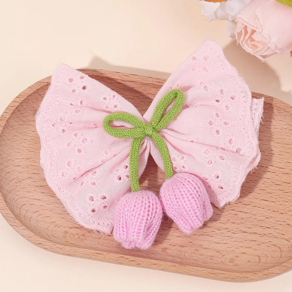 Knitted Tulip Bow Hair Clips Pure Cotton Crochet Flower Hairpin Hollow Out Floral Embroidery Design Barrette Hair Accessories beautiful Amsterdam trip