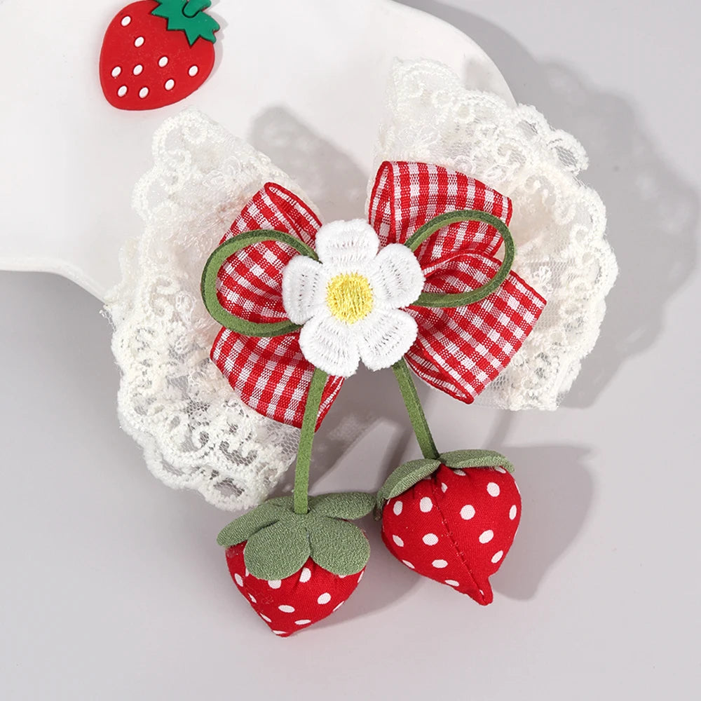 Juicy Strawberry Bow Hair Clips Sweet Flower Lace Ribbon Bownot Hairpins For Girls Children Trendy Cute Headwear Accessories half hair up half down , party holiday cruise
