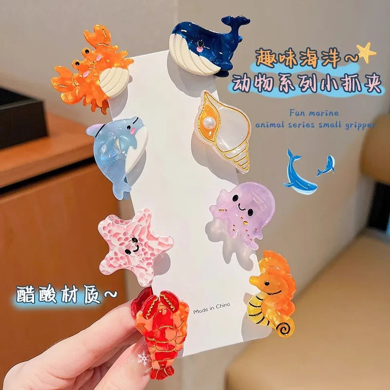Fashion Cartoon Marine Small Animal Hairpins Cute Small Delicate Acetate Pan Hairpins Horsetail Half-tied Shark Clips Hair Claw octopus whale crab starfish seahorse shell lobster dolphin holidays beach party