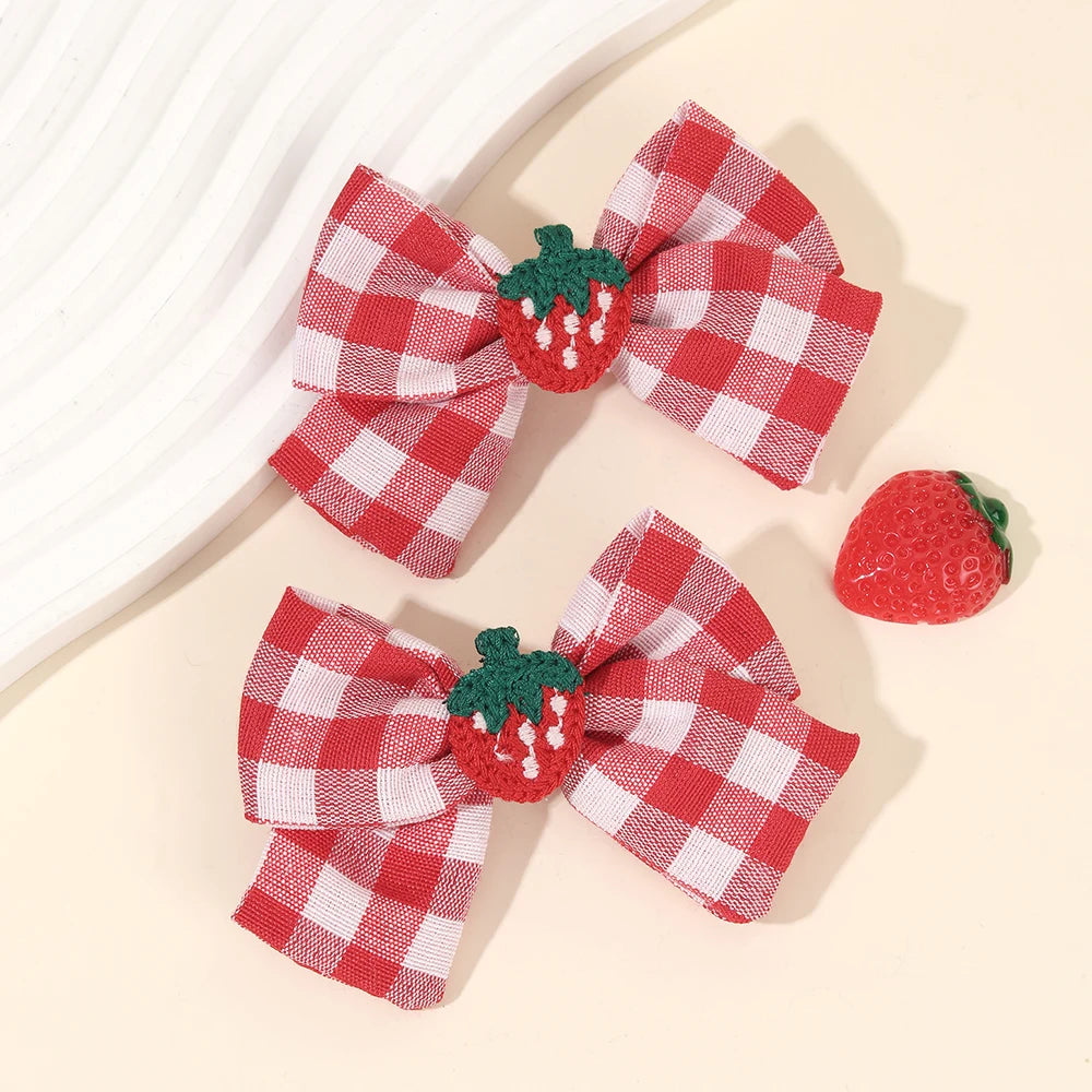2Pcs Cherry Bow Hair Clips Strawberry Plaid Hairpin Sweet Fashion Barrette For Girls Children's Headdress  Kids school holidays Accessories cruise beach party