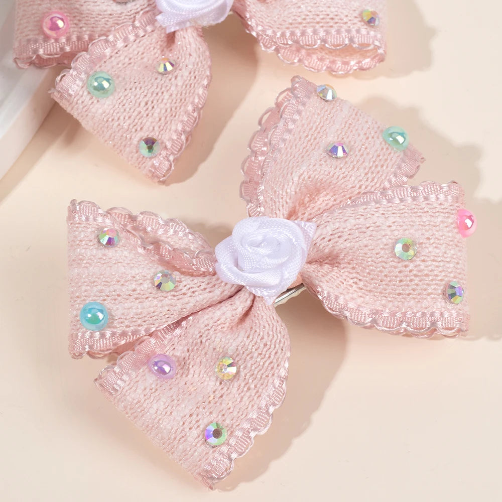 2Pcs Sweet Flower Bow Hair Clip Korean Solid Rose Rhinestone Barrettes Side Hairpins For Girls Children Headdress Accessories