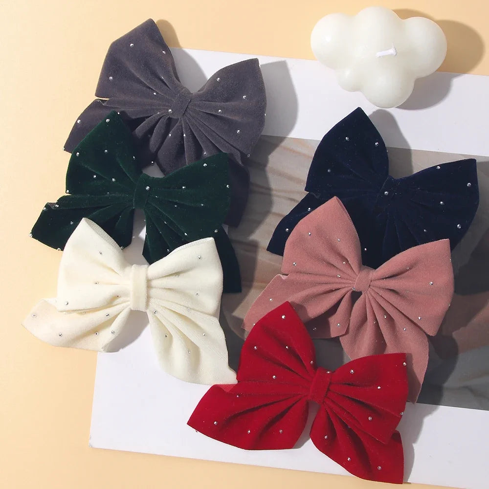 2PCS/Set Girl's Favorite Cute Bow Hair Clip Diamond Embellished Velvet Solid Color Bow Alloy Safe Hair Accessory Kids Gift