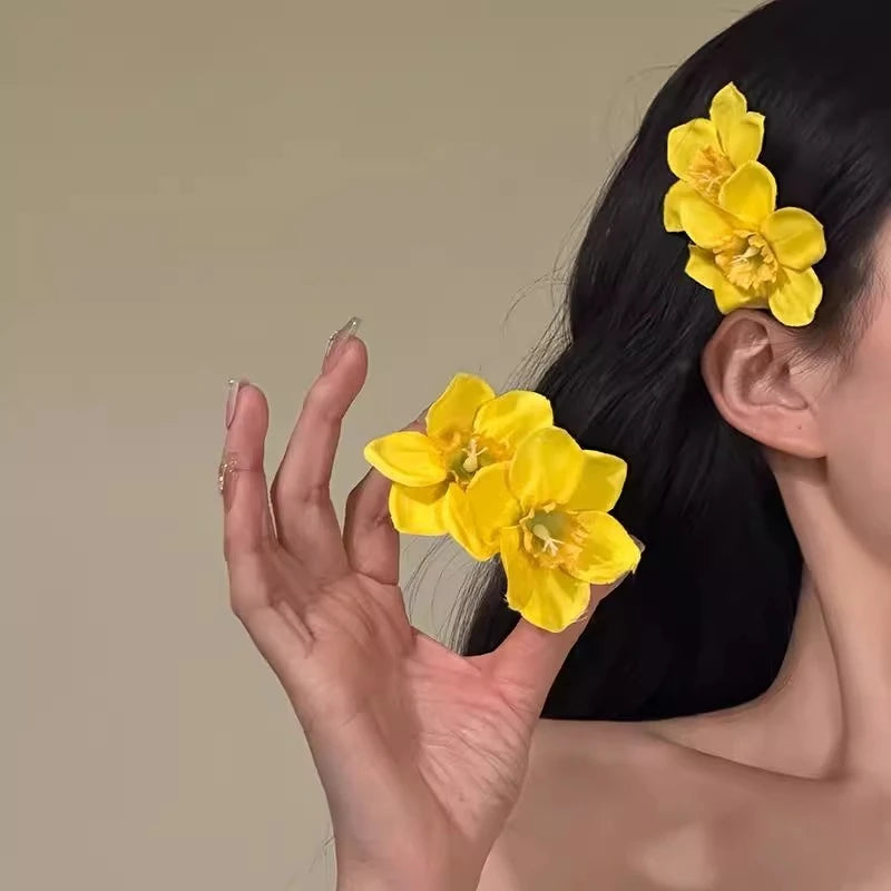 Sweet Yellow Pink White Double Flowers Hair Clips Side Clip Barrette for Women Girl Beach Wedding Flower Hairclip Accessory Caribbean hair Hawaii  cruise holiday ladies