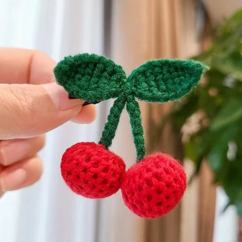 Popular 2Pcs Red Cherry Hair Clip For Baby Girls Cute Knitted Hairpin Barrette Side Clip Child Headwear Fashion Hair Accessories