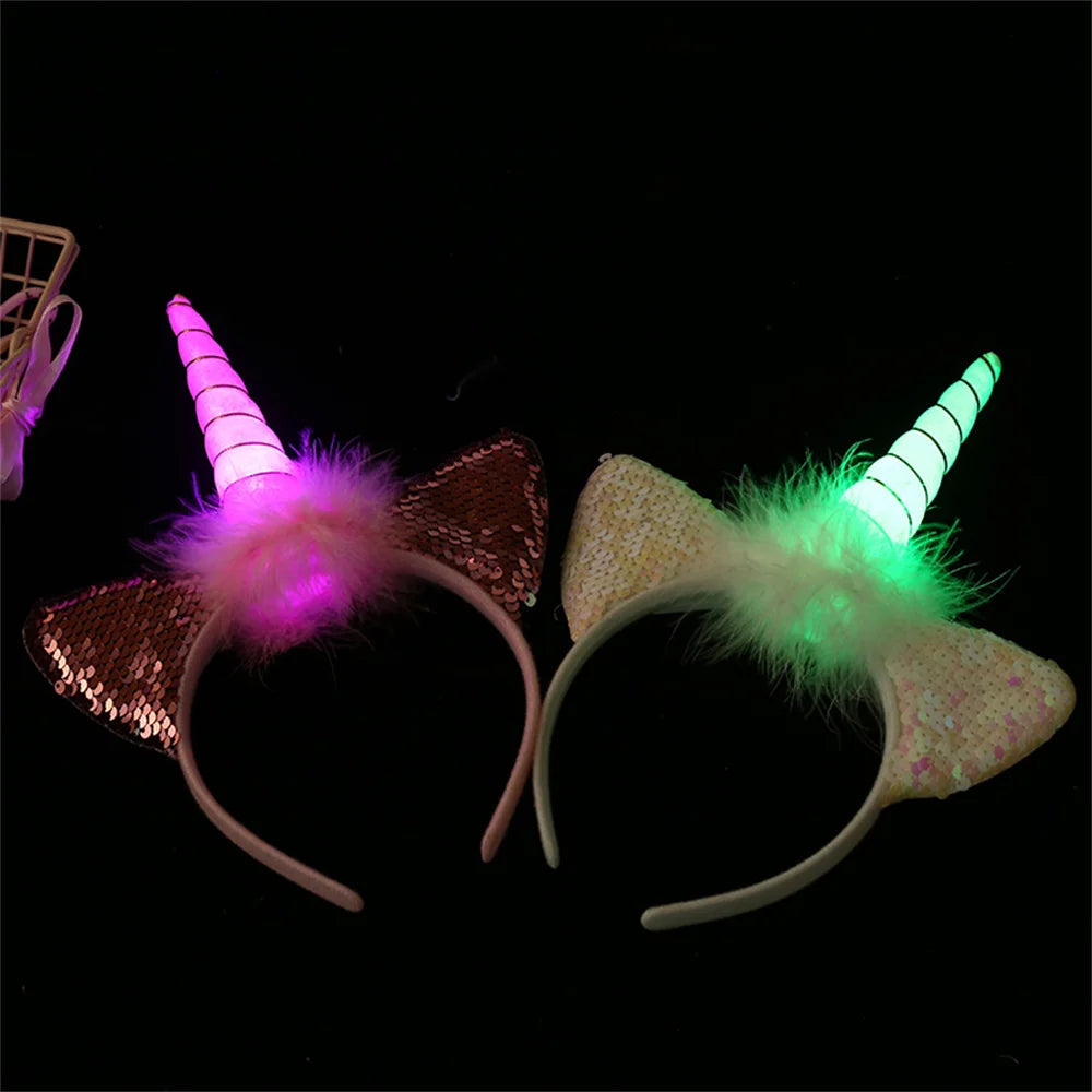 Led Light Unicorn Headband Kids Girl Birthday Cartoon Headwear Hair Accessories Rainbow Unicorn Theme Party Decoration Suppliese