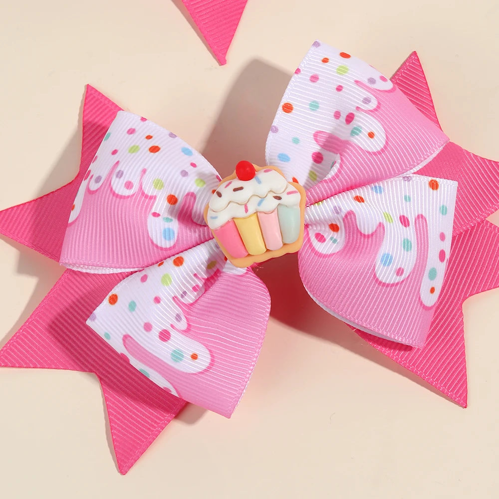 2Pcs Trendy Cream Bow Hair Clips Pink Ribbon Alloy Base Hairpin Sweet Kawaii Dessert Headwear Girls Children's Hair Accessories