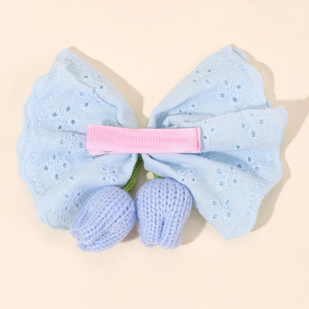 Knitted Tulip Bow Hair Clips Pure Cotton Crochet Flower Hairpin Hollow Out Floral Embroidery Design Barrette Hair Accessories beautiful Amsterdam trip