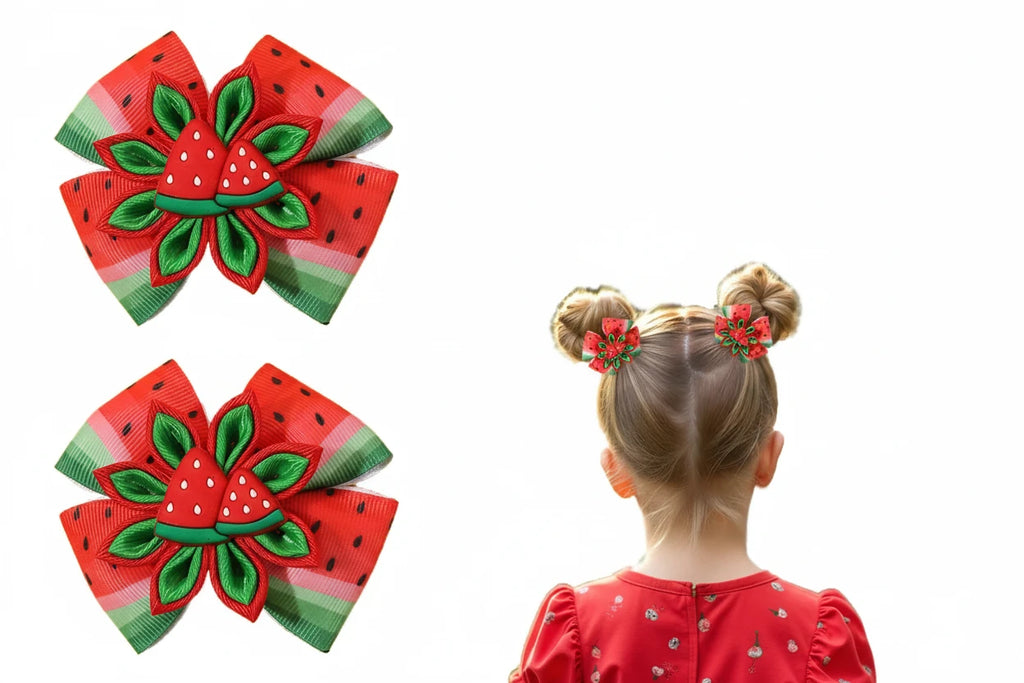 2Pcs Watermelon Bow Hair Clip Cute Fruit Flower Hairpin Ribbon Barrette For Girls Children Summer Headwear Headdress Accessories