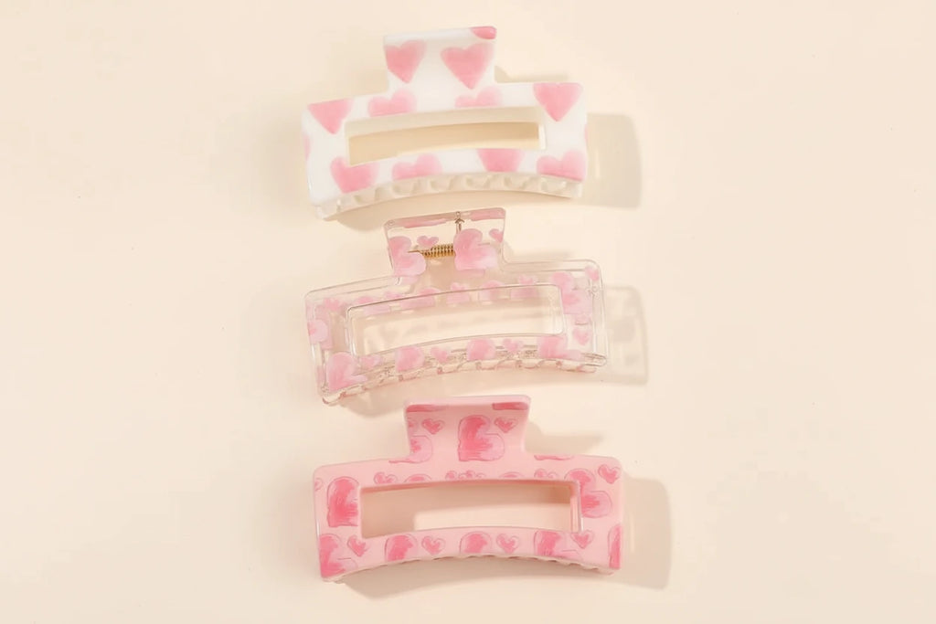 3 x  Pink Love Print  Claw Clips