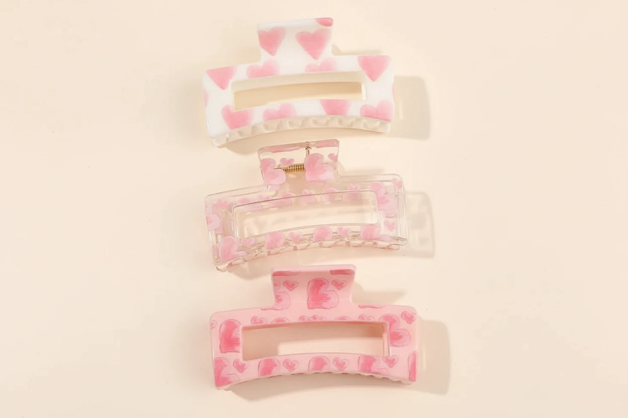 3 x  Pink Love Print  Claw Clips