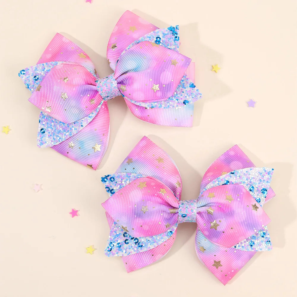 2Pcs Rainbow Star Hair Clips Sweet Glitter Sequin Hairpins New Ribbon Barrette For Girls Children Headwear Hair Accessories Gift party girls