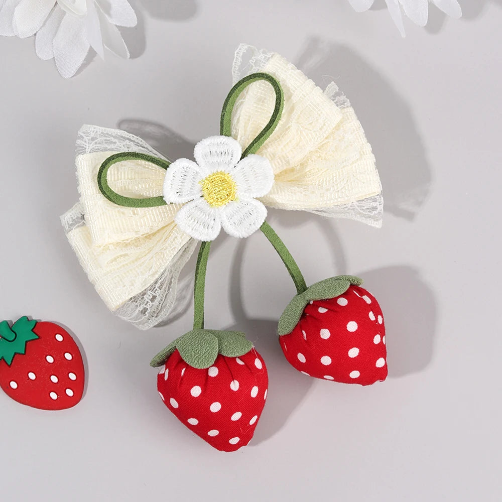 Juicy Strawberry Bow Hair Clips Sweet Flower Lace Ribbon Bownot Hairpins For Girls Children Trendy Cute Headwear Accessories half hair up half down , party holiday cruise