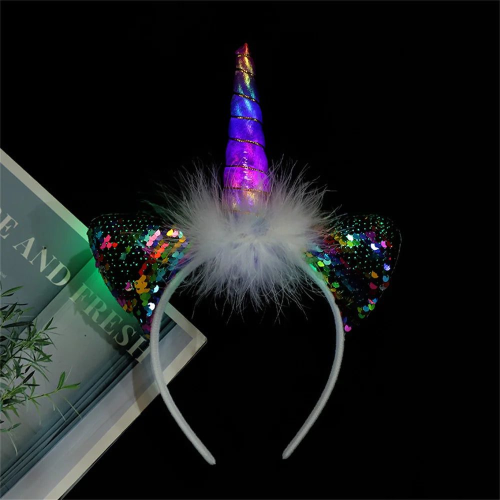 Led Light Unicorn Headband Kids Girl Birthday Cartoon Headwear Hair Accessories Rainbow Unicorn Theme Party Decoration Suppliese