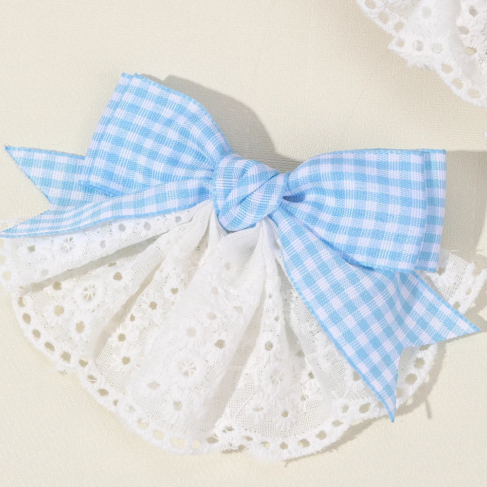 2Pcs New Korean Red Plaid Bow Hair Clips For Girls Cute White Lace Flower Hairpins Sweet Daily Trendy Headwear Hair Accessories