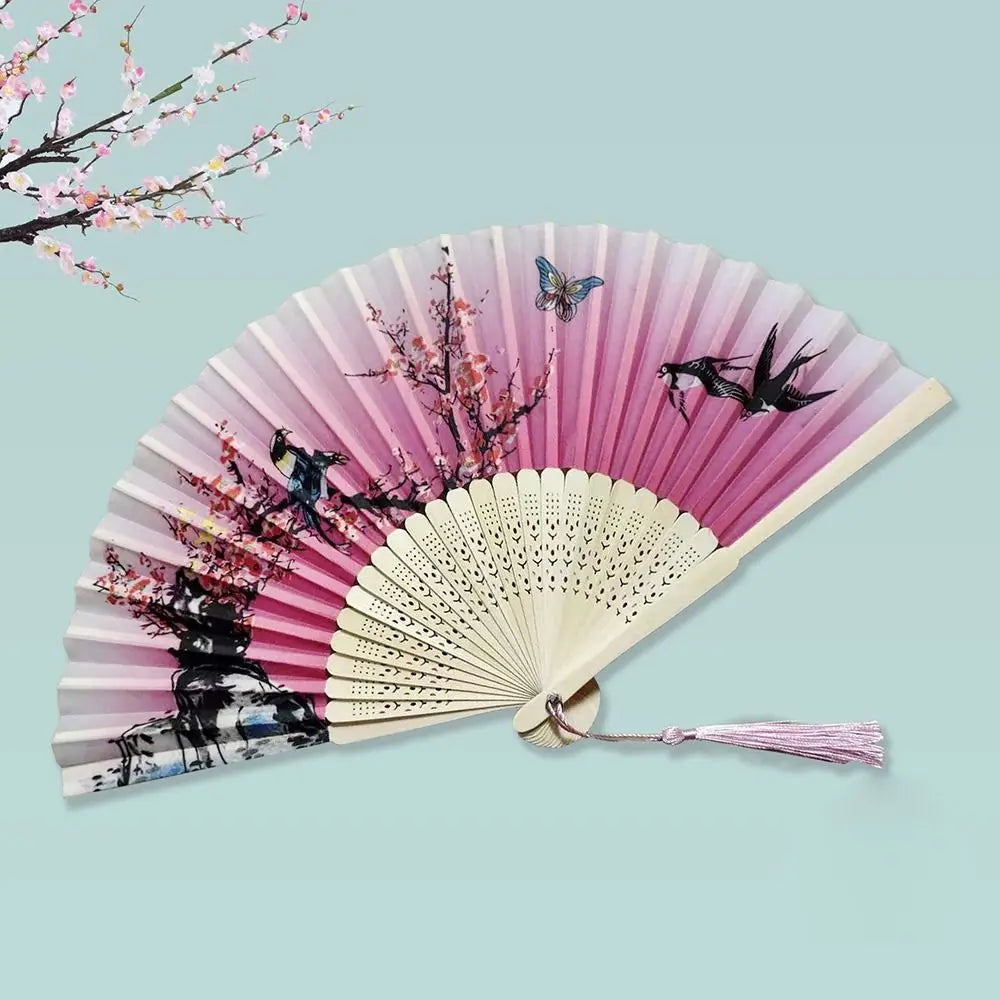 2024 Silk Vintage Folding Fan Colorful Tassel Elegent Hand Fan Hand Fan Bamboo Shank Classical Dance Fan Female