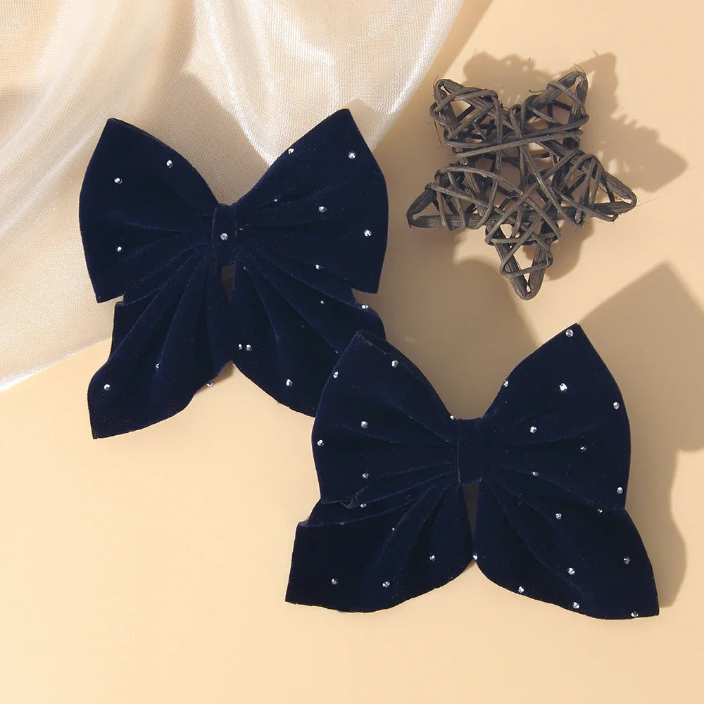 2PCS/Set Girl's Favorite Cute Bow Hair Clip Diamond Embellished Velvet Solid Color Bow Alloy Safe Hair Accessory Kids Gift