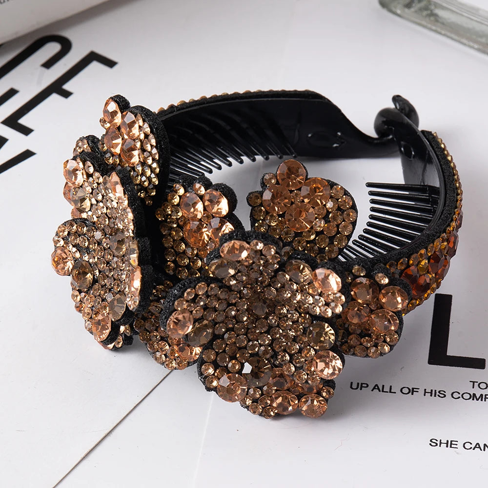 Rhinestone Hair Claw  bun for Women Flower