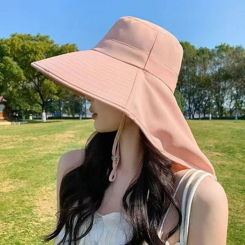 Women Large Brim UV Protection Sun Hat Summer Fiing Cap Breathable Outdoor Fishing Hiking Wide Brim Shawl Sunscreen Ponytail Cap