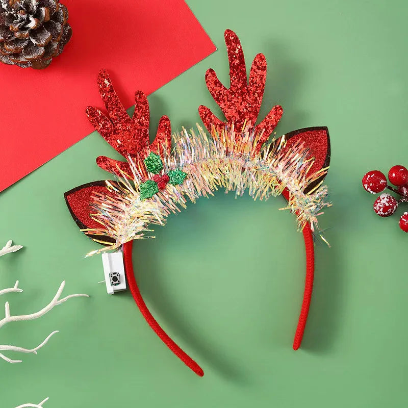 Christmas Candy Cane Headband LED Festive Party Hair Hoop Costume Headwear Glitter Tinsel Hairband Novelty Holiday Photo Prop