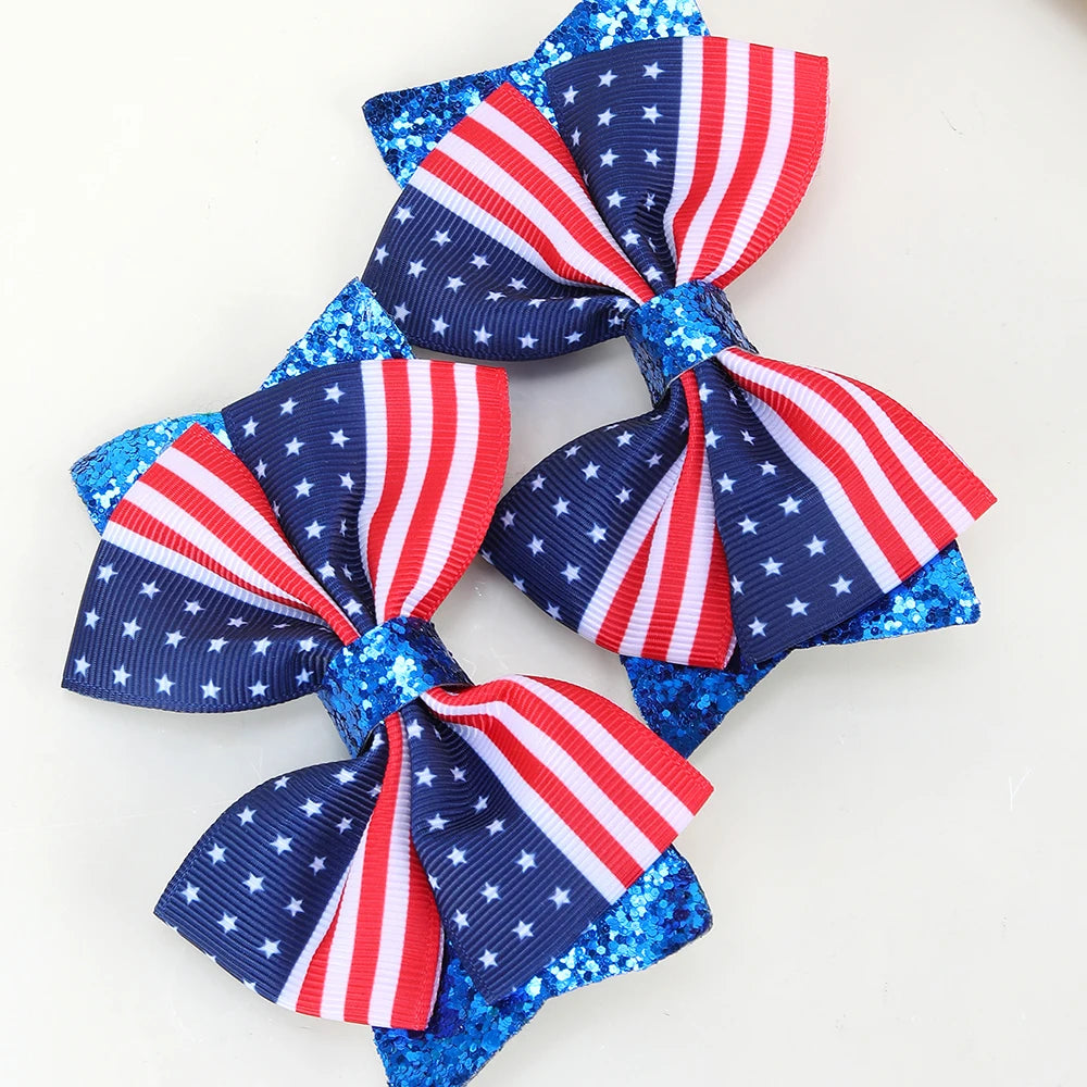 2Pcs USA Flag Bow Hair Clip Ribbon Patriotic American Flag Design Red White Blue Bow Barrettes For 4th Of July Party Accessories trip to America Florida New York holiday
