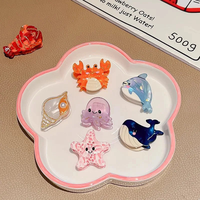 Fashion Cartoon Marine Small Animal Hairpins Cute Small Delicate Acetate Pan Hairpins Horsetail Half-tied Shark Clips Hair Claw octopus whale crab starfish seahorse shell lobster dolphin holidays beach party