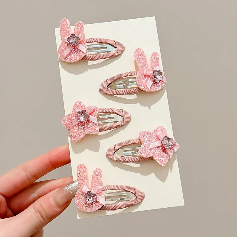 Pink Shiny Rhinestone Rabbit Headwear Baby Girl Sequin Star Hair Clips Elastic Rubber Bands Sweet Princess Kids Hair Accessories
