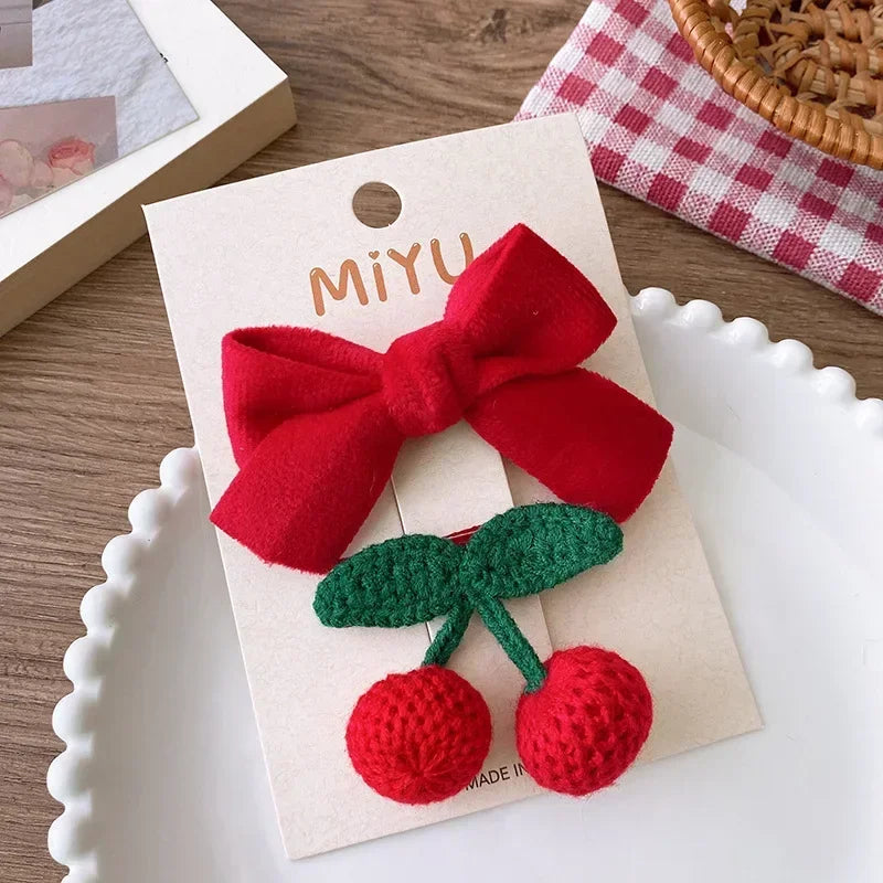 2pcs Red Colour Girl Hair Clip Christmas summer spring Bow Floral Children's Clip Sweet Hair Accessories