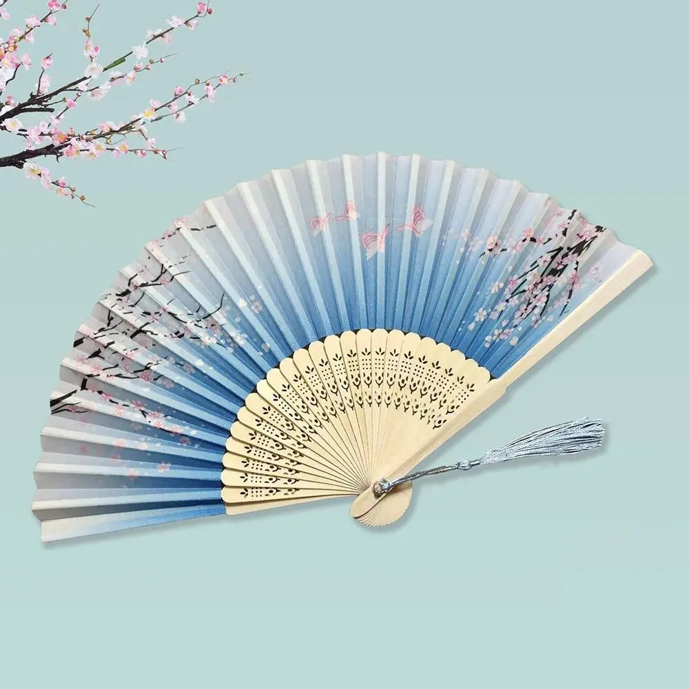 2024 Silk Vintage Folding Fan Colorful Tassel Elegent Hand Fan Hand Fan Bamboo Shank Classical Dance Fan Female