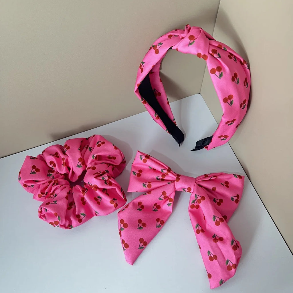 3PCS Fabric Solid Color Flower Fruit Pattern Lemon Orange Cherry Wide Knot Hairband Hair Accessories Set