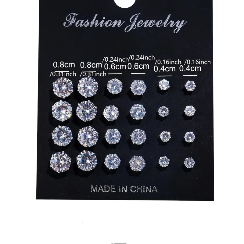12 Pairs Six Claw Zircon Earrings Set Geometric White Shiny Crystal Wedding Stud Earrings Set for Women Men Jewelry Accessories