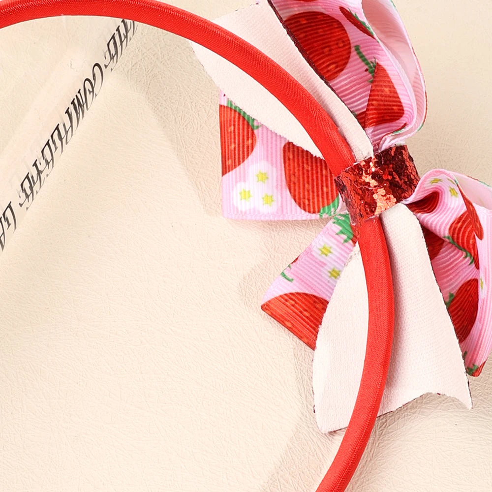 Strawberry Print Headband Glitter Watermelon Elastic Ribbon Bow Hair Bands Children Girls Summer Headwear Headdress Accesories