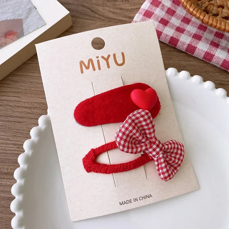 2pcs Red Colour Girl Hair Clip Christmas summer spring Bow Floral Children's Clip Sweet Hair Accessories