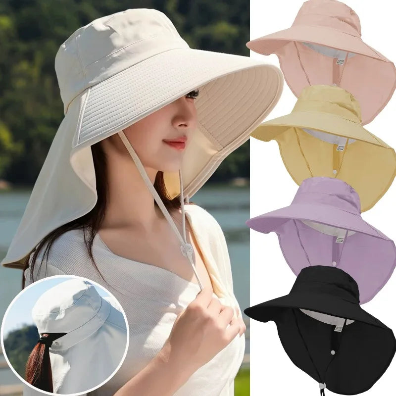 Women Large Brim UV Protection Sun Hat Summer Fiing Cap Breathable Outdoor Fishing Hiking Wide Brim Shawl Sunscreen Ponytail Cap