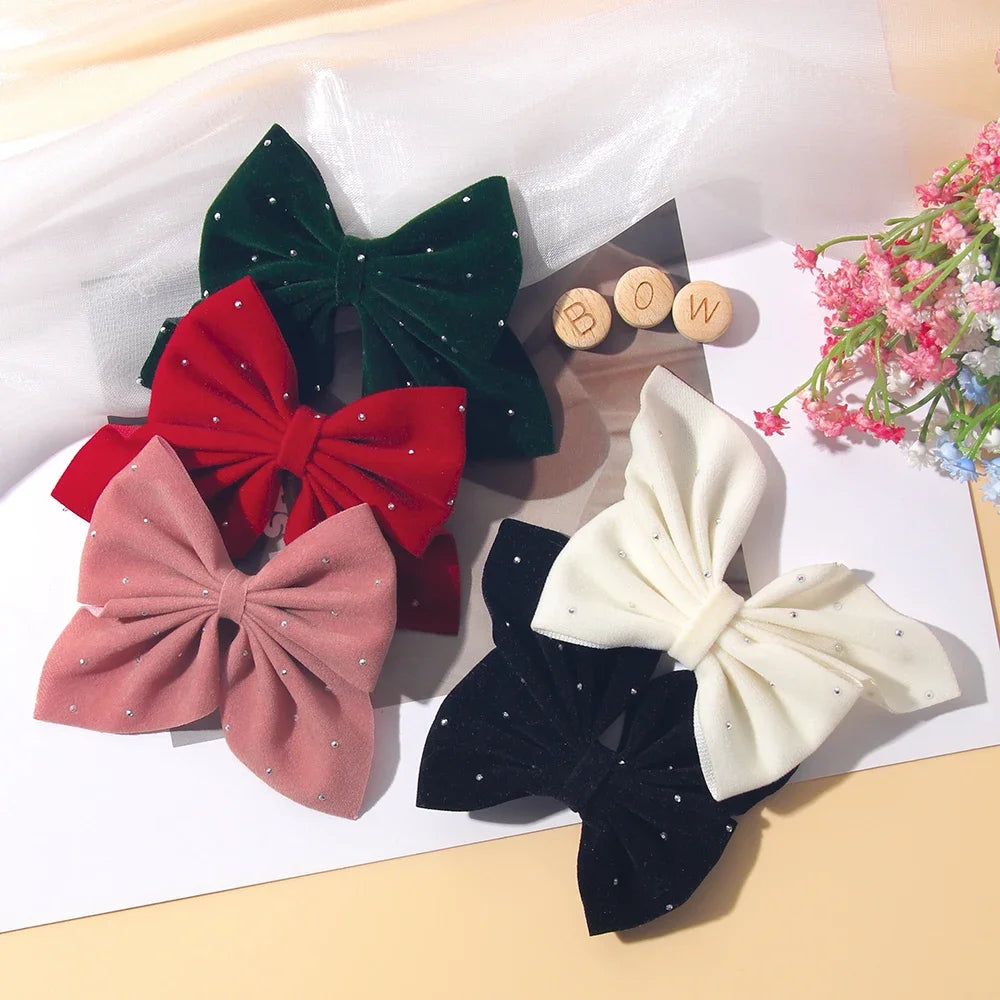 2PCS/Set Girl's Favorite Cute Bow Hair Clip Diamond Embellished Velvet Solid Color Bow Alloy Safe Hair Accessory Kids Gift