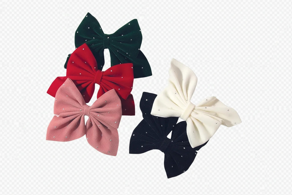 2PCS/Set Girl's Favorite Cute Bow Hair Clip Diamond Embellished Velvet Solid Color Bow Alloy Safe Hair Accessory Kids Gift
