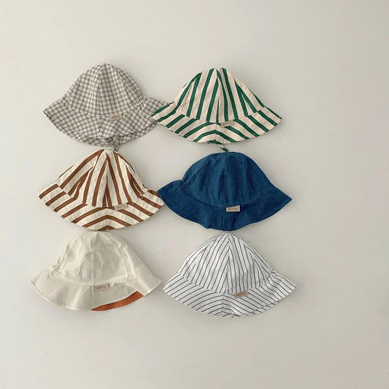 Double Sided Baby Bucket Hat Solid Color Striped Plaid Fisherman Cap for Infant Panama Bonnet Summer Kids Sun Visor Hats 6 month to 18 month