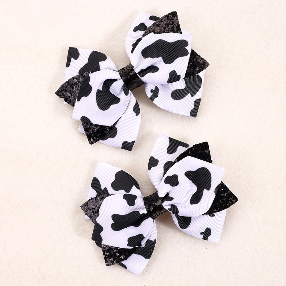 2Pcs Cow Print Bow Hair Clip Sweet Cute Dot Bownot Glittering Hairpin For Kid Girls Children's School Daily Headwear Accessories