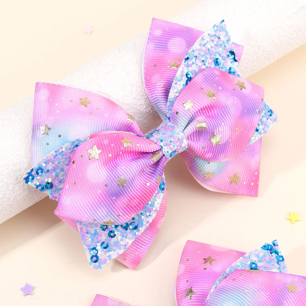 2Pcs Rainbow Star Hair Clips Sweet Glitter Sequin Hairpins New Ribbon Barrette For Girls Children Headwear Hair Accessories Gift party girls