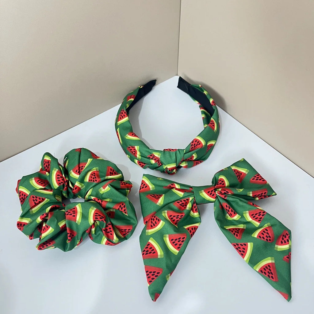 3PCS Fabric Solid Color Flower Fruit Pattern Lemon Orange Cherry Wide Knot Hairband Hair Accessories Set