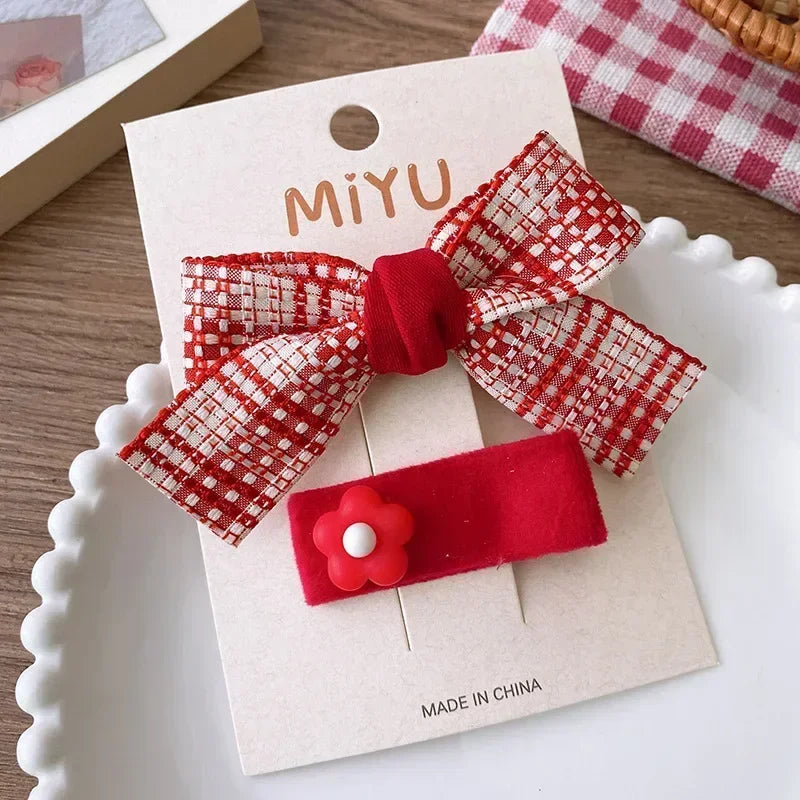 2pcs Red Colour Girl Hair Clip Christmas summer spring Bow Floral Children's Clip Sweet Hair Accessories
