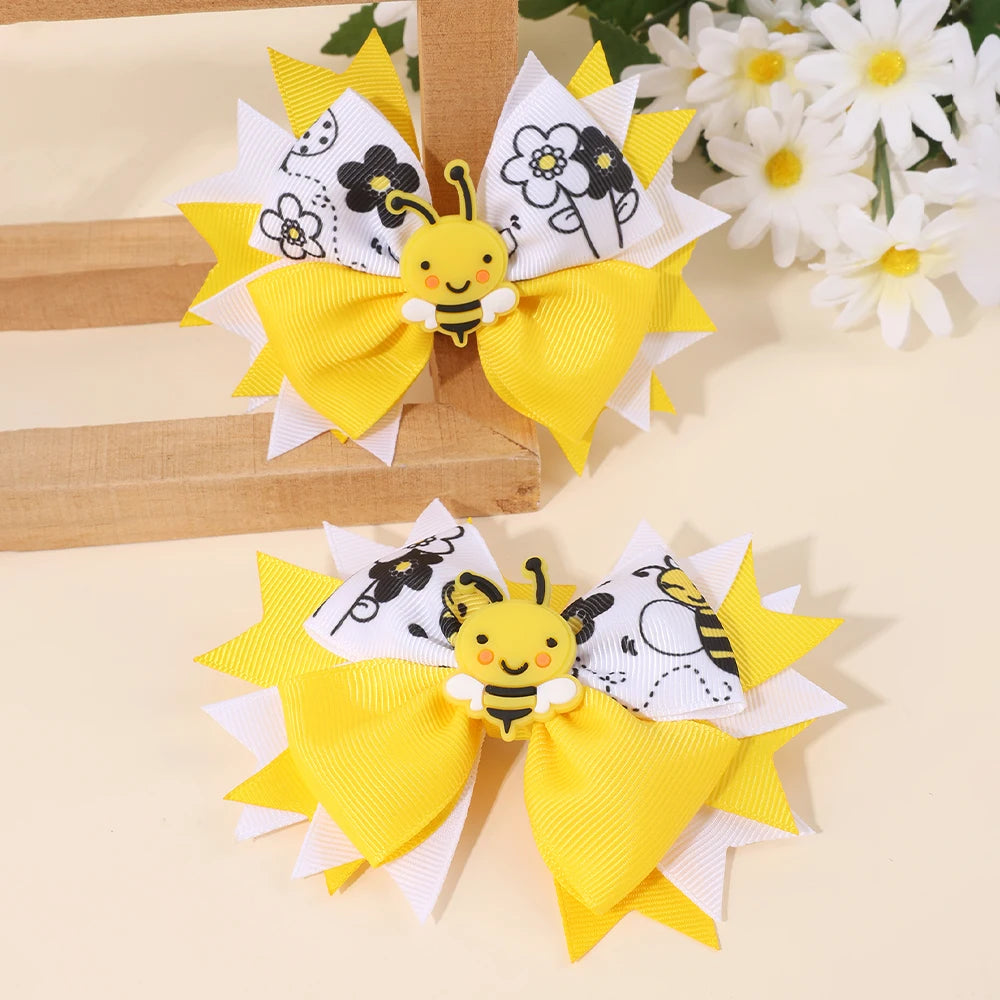 2Pcs Cartoon Floral Print Bow Hairpin Elegant Soft Gel Bee Hair Clip Back To School For Baby Girl Children Accessories Headdress