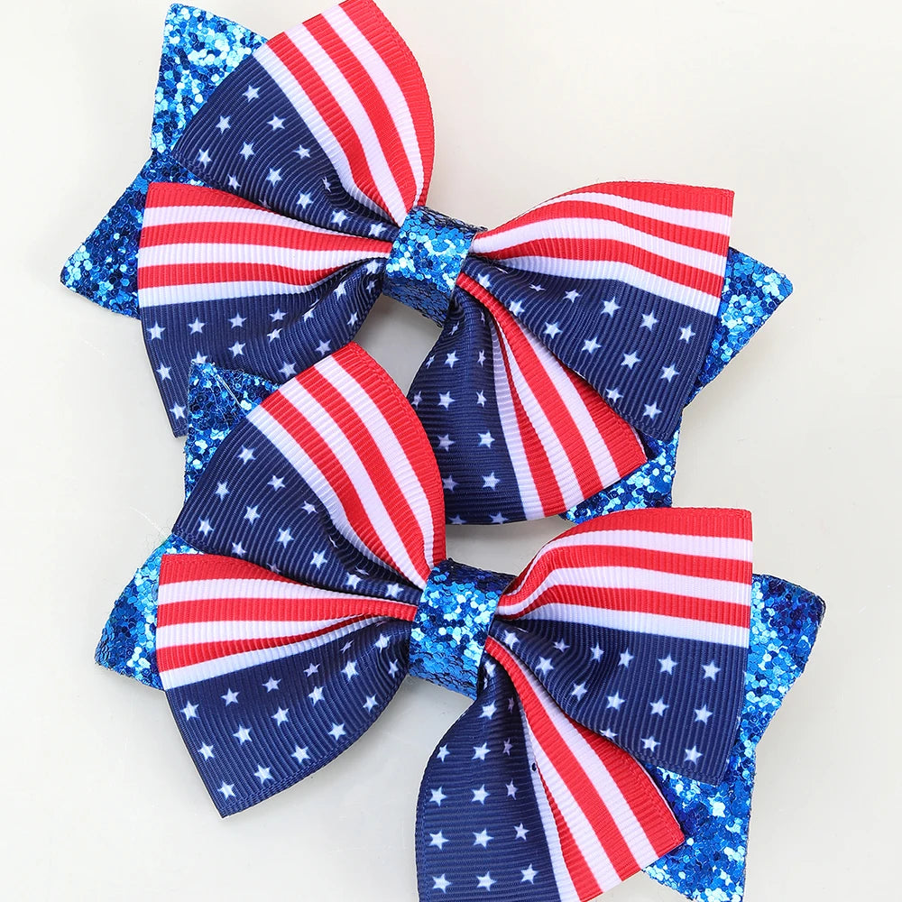 2Pcs USA Flag Bow Hair Clip Ribbon Patriotic American Flag Design Red White Blue Bow Barrettes For 4th Of July Party Accessories trip to America Florida New York holiday