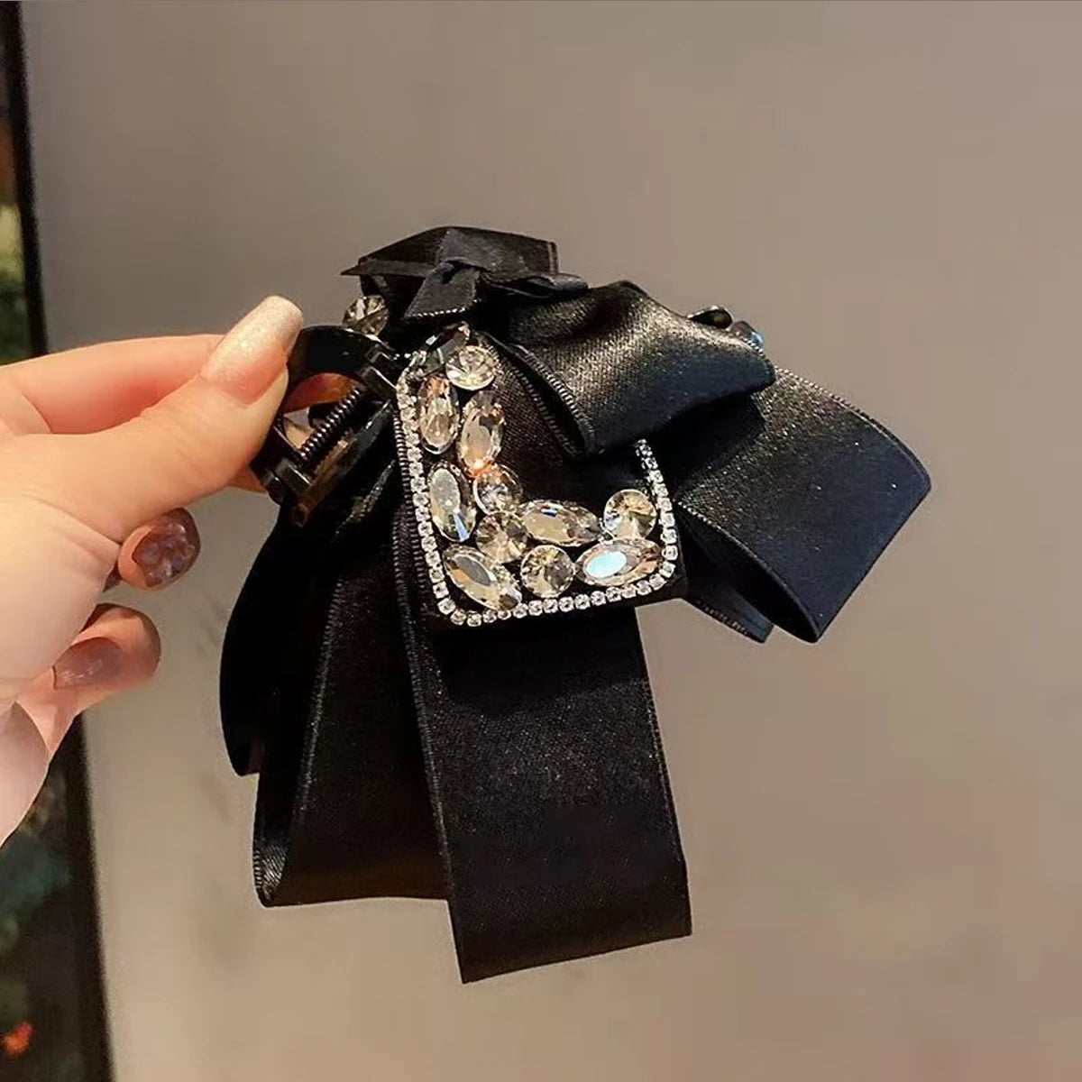 Diamond Satin Black Bow claw clip