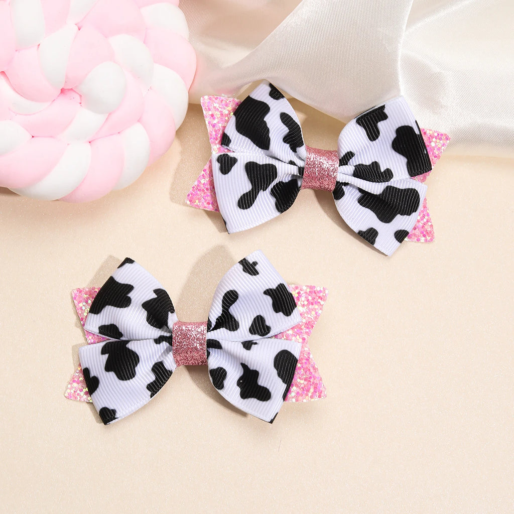 2Pcs Cow Print Bow Hair Clip Sweet Cute Dot Bownot Glittering Hairpin For Kid Girls Children's School Daily Headwear Accessories