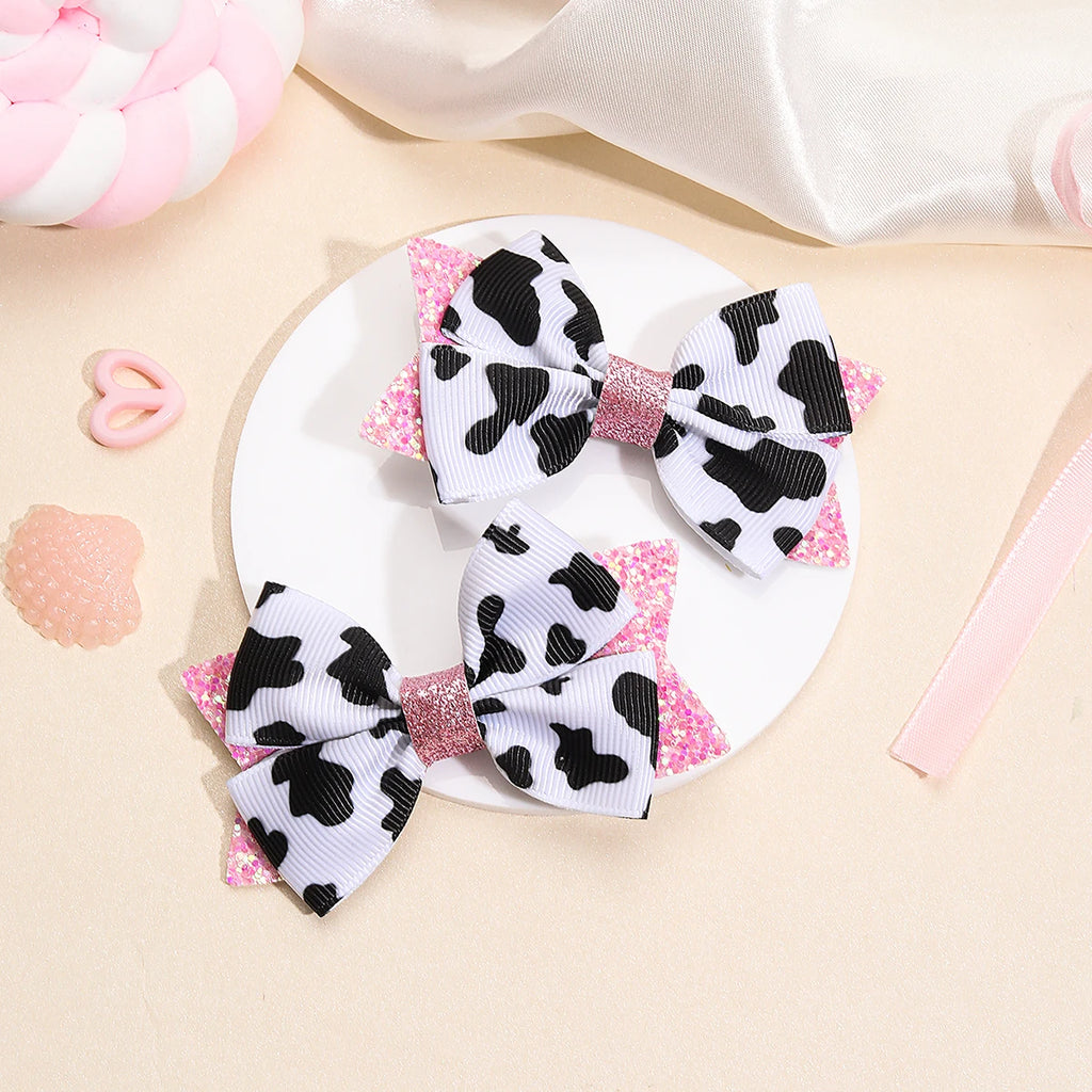 2Pcs Cow Print Bow Hair Clip Sweet Cute Dot Bownot Glittering Hairpin For Kid Girls Children's School Daily Headwear Accessories