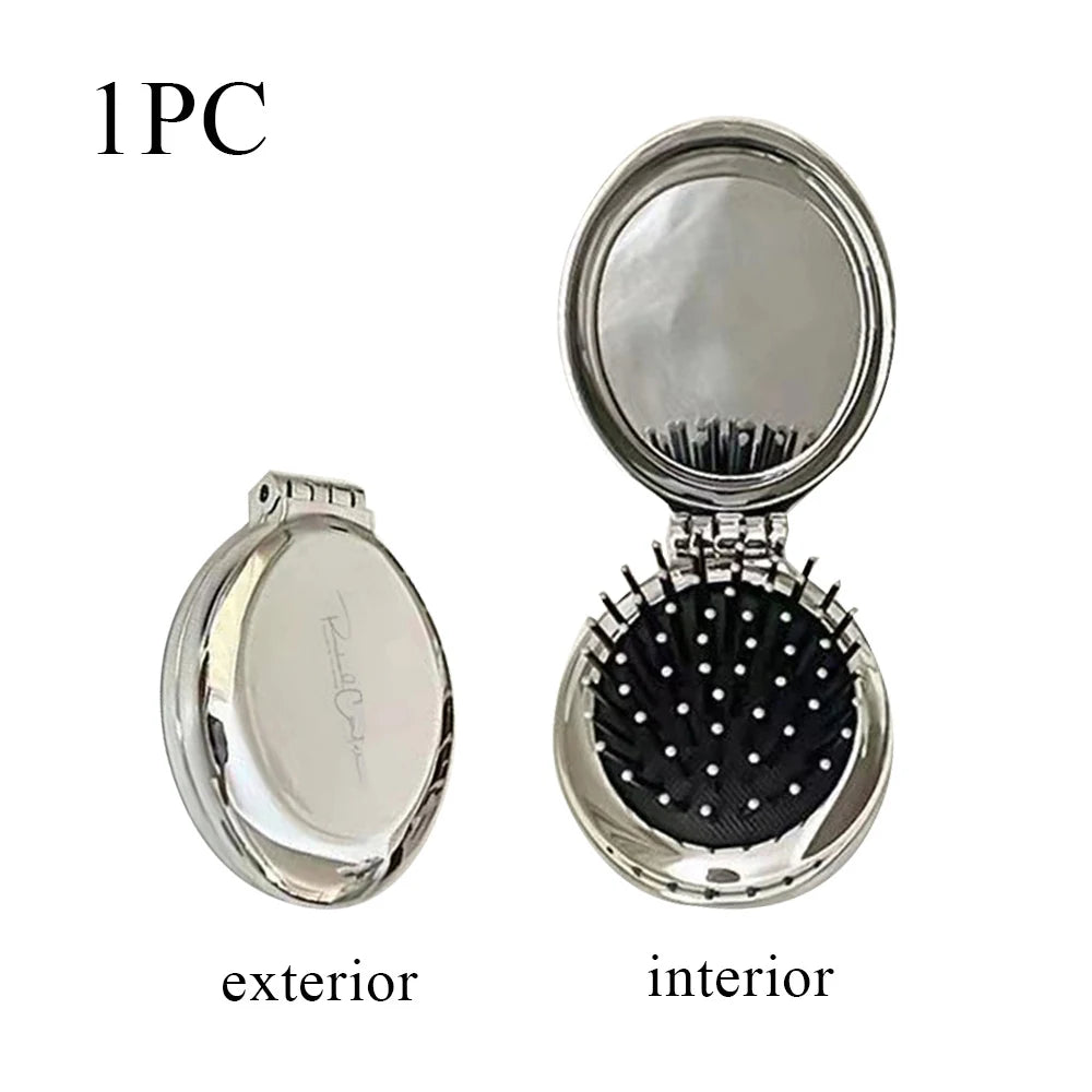 Folding hair brush compact mirror