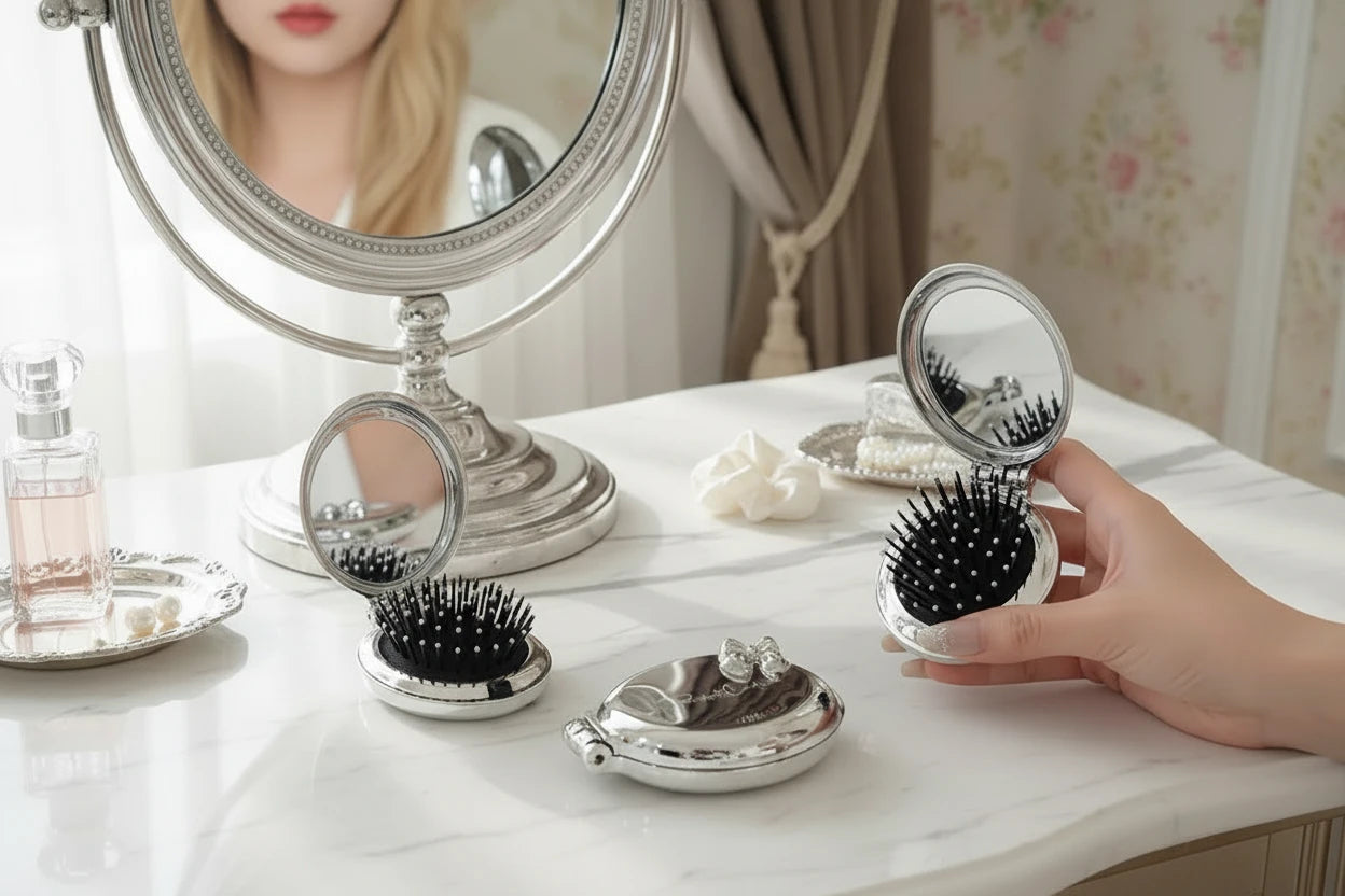 Folding hair brush compact mirror