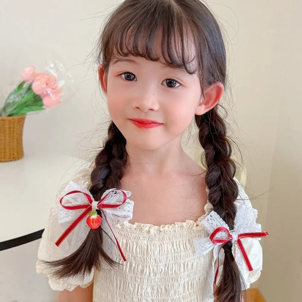 1pair Cute Red Cherry Hair Clip Cloth Bow Headflower Strawberry Side Hairpins Barrettes Headwear Bow Hairpins Girls