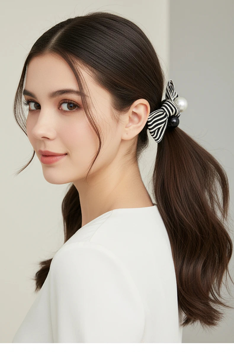 Simple Beach Hair Accessories Scrunchies bobbles  for Hair Woman Accesories Pearl Striped Bow Girls Cute Items New Headwear Apparel black pearl white pearl